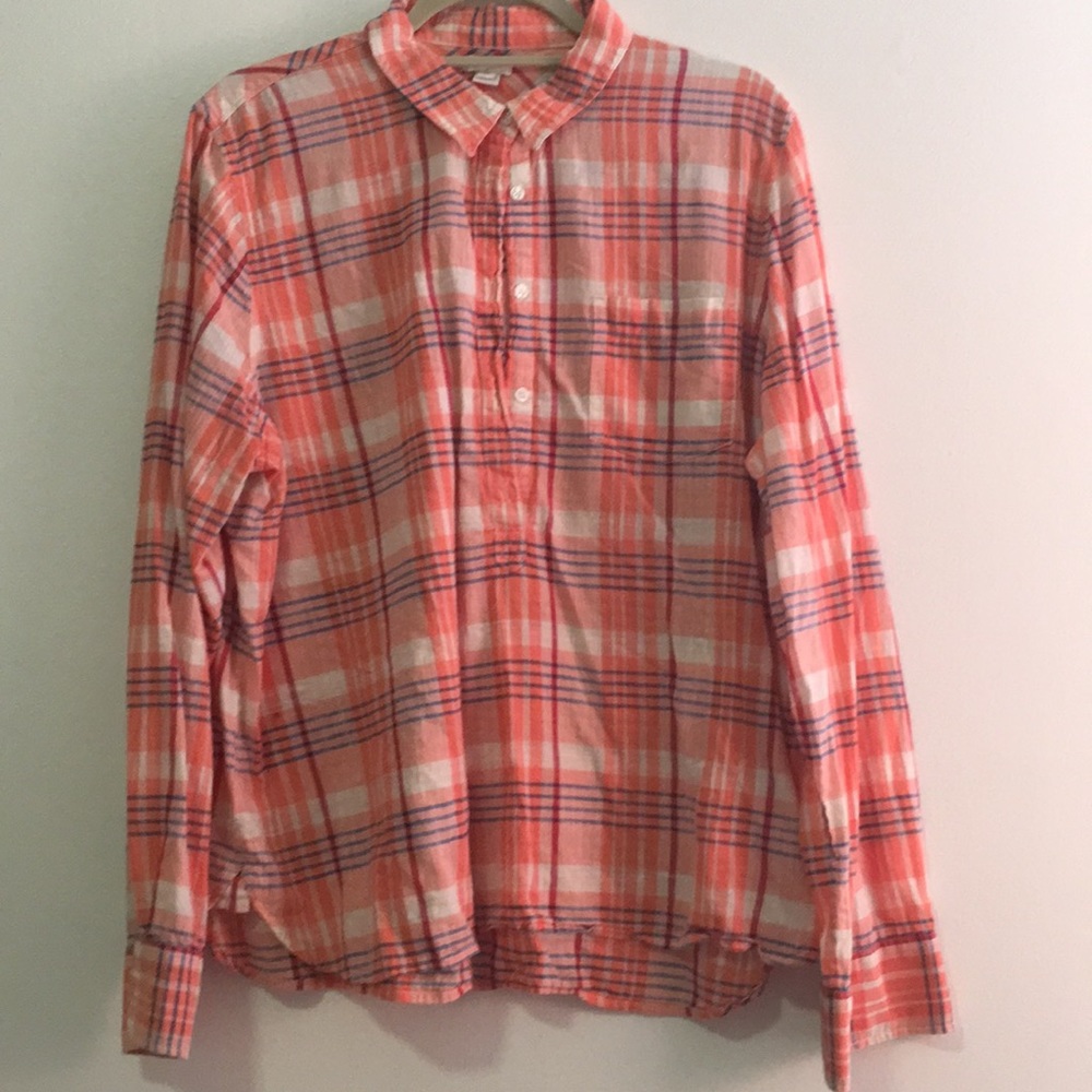 J. Crew Pink and Orange Plaid 3/4 Sleeve Button Down Shirt Sz XXL